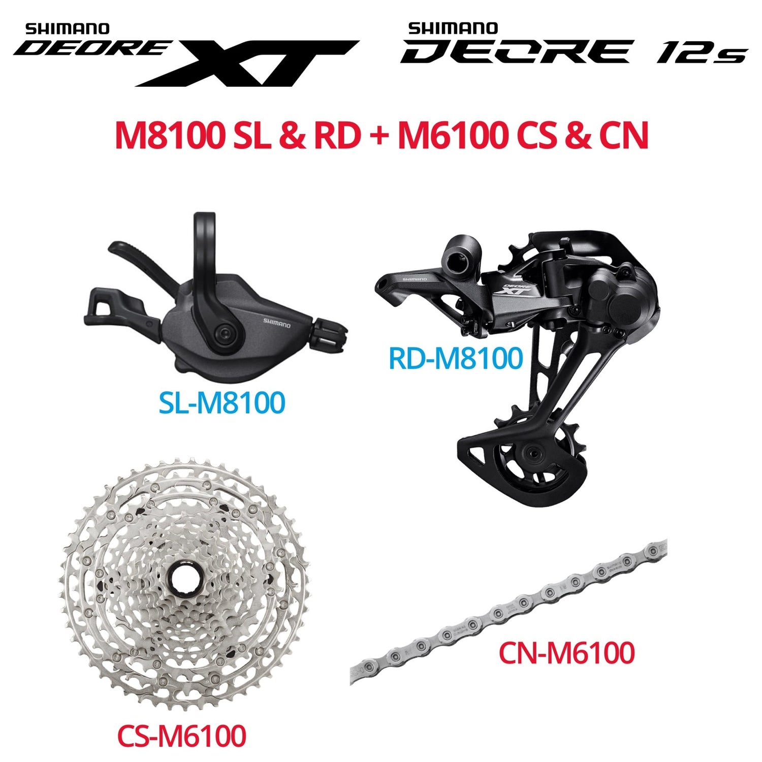 Shimano Deore XT M8100 Deore 12s M6100 Groupset, 1x12, W/O